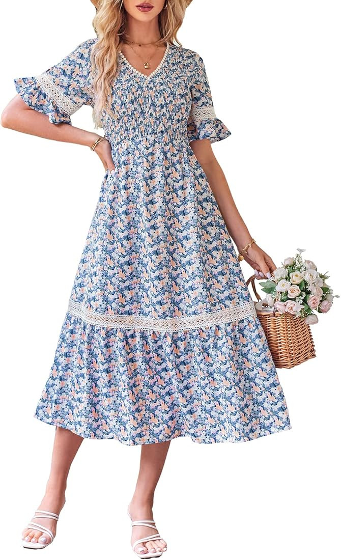 GRACE KARIN Women's 2023 Boho V Neck Short Flutter Sleeve Smocked Tiered Dress Empire Waist Ruffl... | Amazon (US)