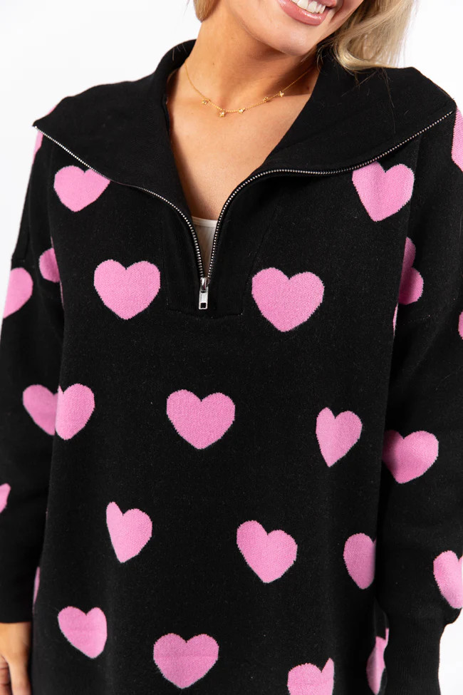 Pulling Heartstrings Black and Pink Heart Print Quarter Zip Pullover | Pink Lily