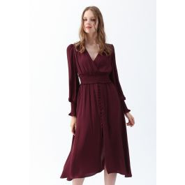 Satin Button Down Wrap Midi Dress in Wine | Chicwish