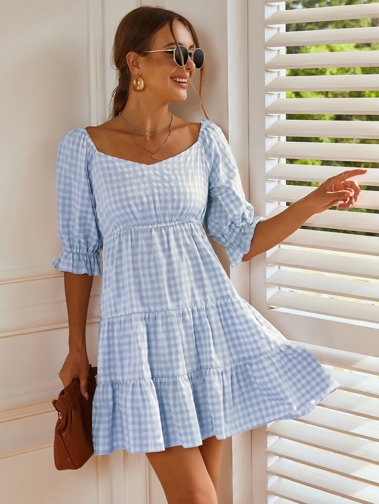 Sweetheart Neck Gingham Print Dress | SHEIN