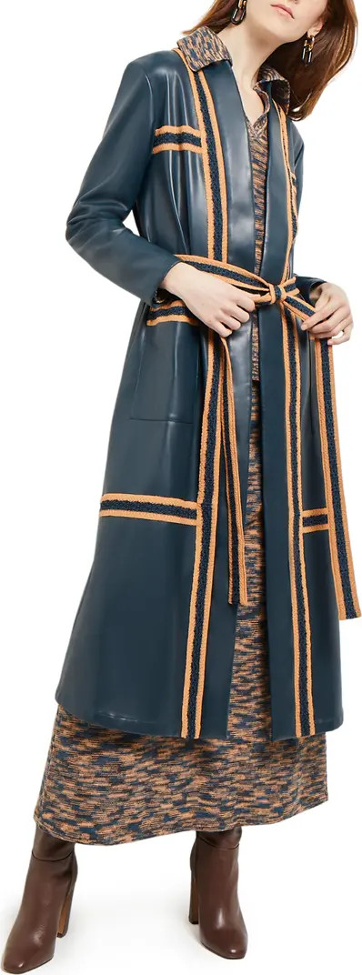 Belted Knit Trim Faux Leather Longline Jacket | Nordstrom