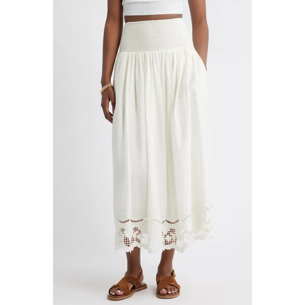 Treasure & Bond Embroidered Eyelet Cotton Smocked Waist Skirt in Ivory Egret at Nordstrom Rack, Size Medium | Nordstrom Rack