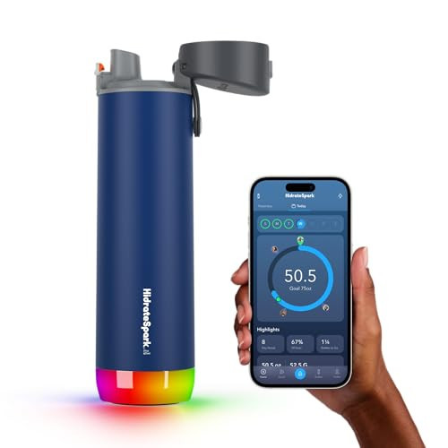 HidrateSpark PRO Smart Water Bottle – Insulated Stainless Steel – Tracks Water Intake with Bluetooth, LED Glow Reminder When You Need to Drink – Chug Lid, 21 oz, Deep Blue | Amazon (US)