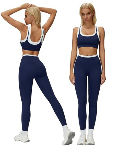 ABOCIW Workout Sets for Women Color Block Layered Sports Bra Matching Tummy Control High Wait Leggings 2 Piece Gym Sets Yoga Pilates Outfits Work Out Clothes Navy X-Large | Amazon (US)