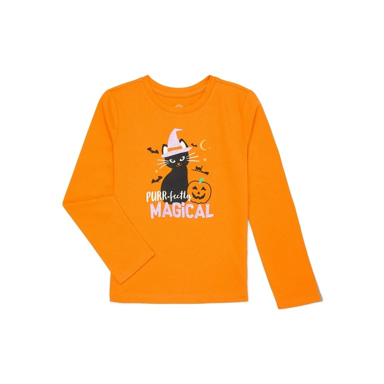 Wonder Nation Girls Halloween Graphic T-Shirt with Long Sleeves, Sizes 4-18 | Walmart (US)