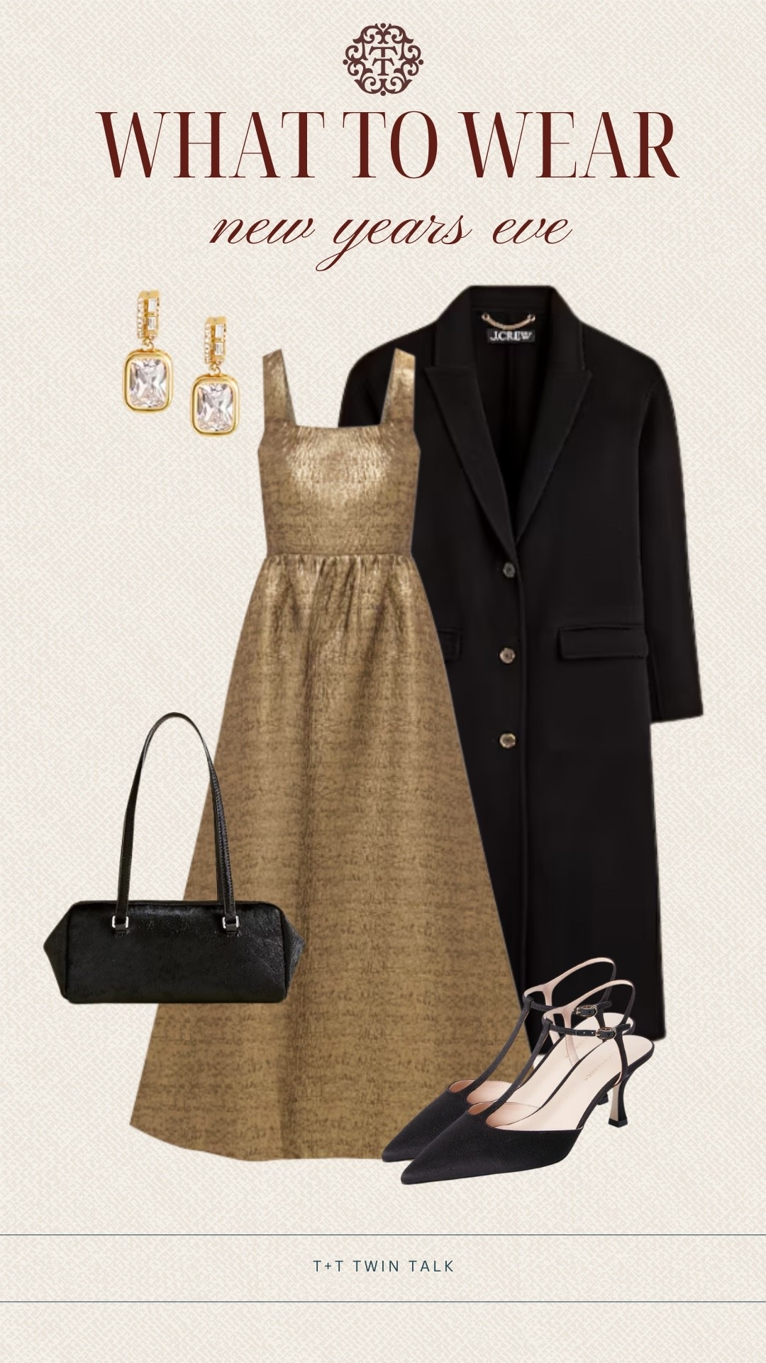 T+T, what to wear for New Year’s Eve! We are loving this gold dress from Tuckernuck for the holiday. We paired it with J.Crew earrings, a black bag and heels, plus a long coat to keep warm! The perfect outfit for New Year’s Eve 

#LTKSeasonal #LTKHoliday #LTKgrwm