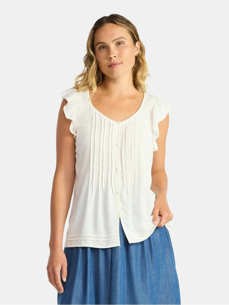 Time and Tru Women's Pintuck Sweetheart Top with Flutter Sleeves, Sizes XS-XXXL | Walmart (US)