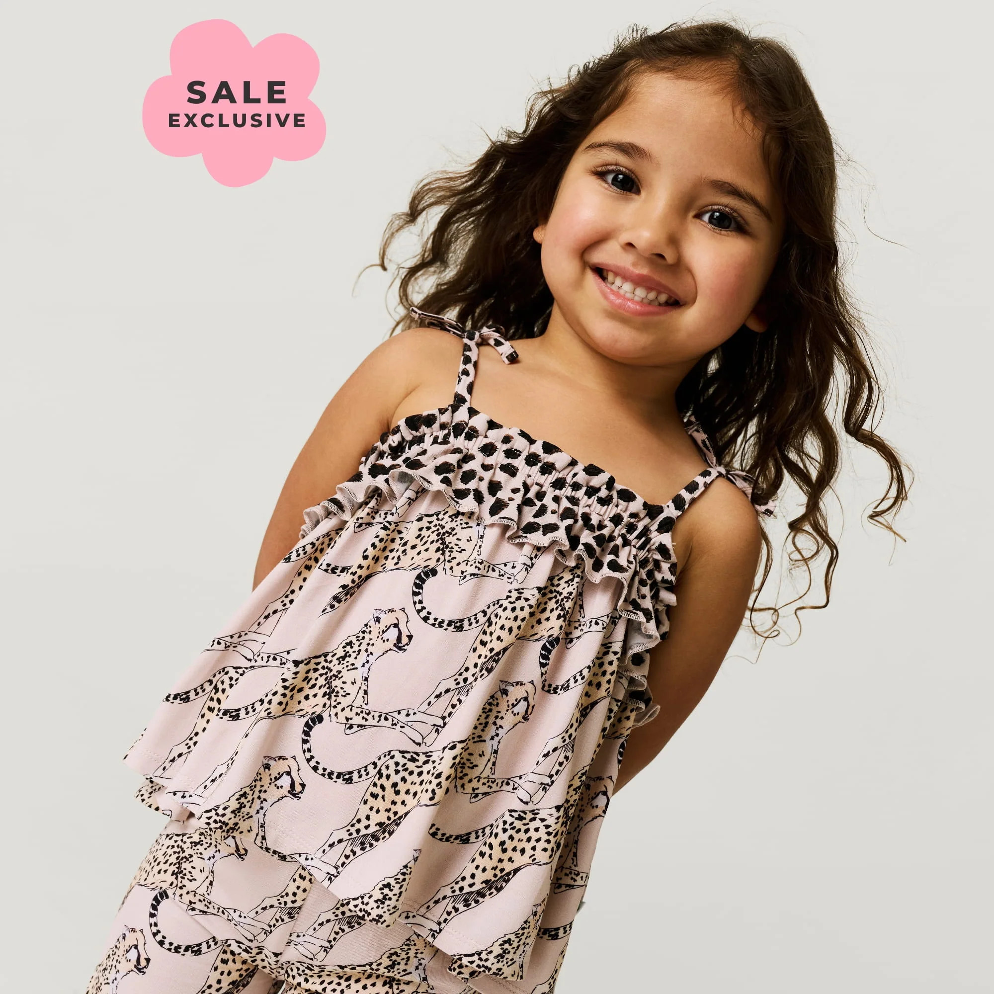 Leopard Brown Sleeveless Lucinda Bow Strap Top Ruffled Short Set | Posh Peanut® | Posh Peanut