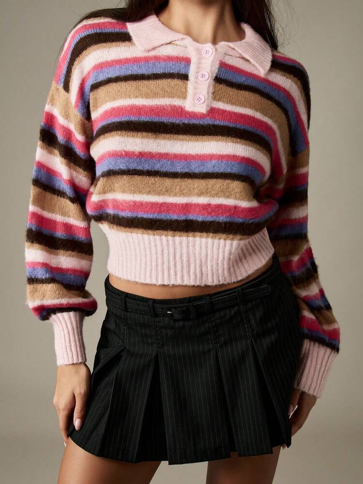 MISSGUIDED Striped Knit Cropped Polo Sweater Long Sleeve Button Up Fall Winter Casual Top | SHEIN