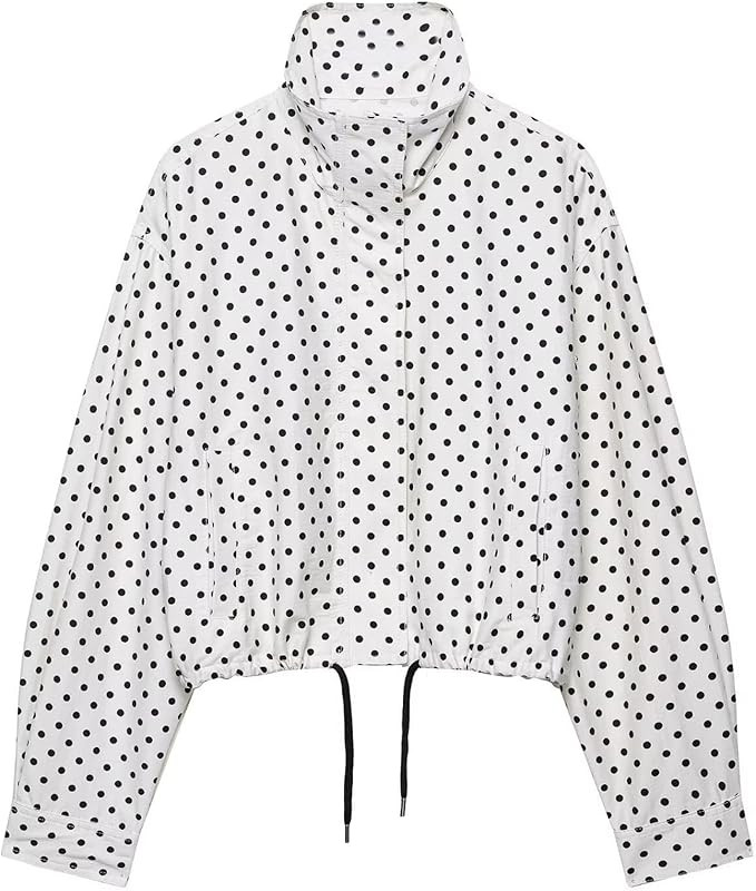 Xunger Women’s Polka Dot Jacket High Neck Long Sleeve Drawstring Hem Casual Trendy Cropped Coat... | Amazon (US)