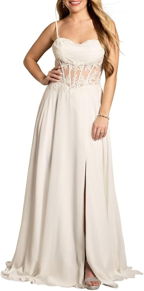 David's Bridal Chiffon Illusion Lace Bodice A-Line Wedding Dress | Amazon (US)
