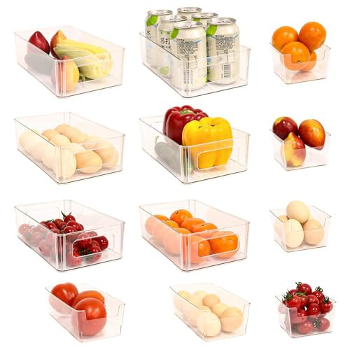 MVOVM Refrigerator Organizer Bins 12 Pack Fridge Organizers with Handles Clear Freezer Storage Containers for Pantry, Cabinets,Shelves, Drawer – Plastic Kitchen Organizers | Amazon (US)
