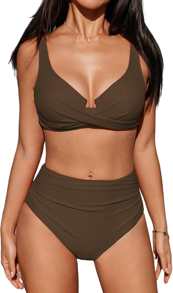 CUPSHE Women's Bikini Sets High Waisted Swimsuit Underwire Adjustable Straps Twisted Hook Full Co... | Amazon (US)