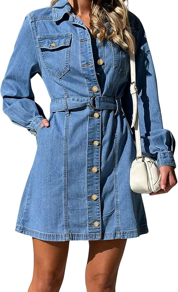 utcoco Womens Denim Dress 2025 Casual Long Sleeve Button Down Distressed Belted Jean Dress with P... | Amazon (US)