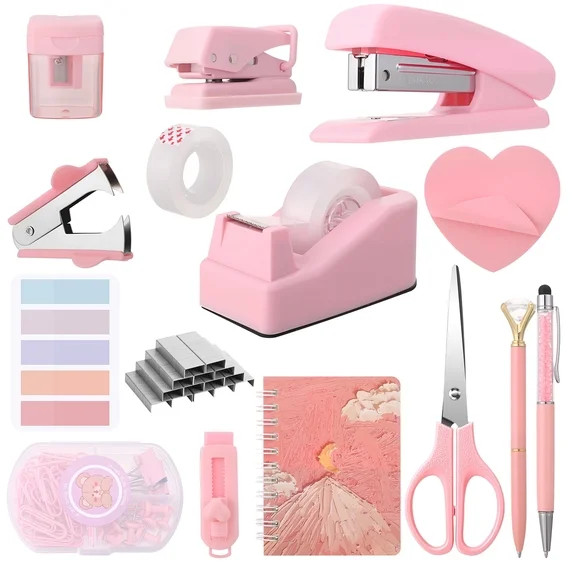sixwipe 17-in-1 Pink Office Supplies Set, Desk Accessories Kit with Stapler, Tape Dispenser, Remo... | Walmart (US)