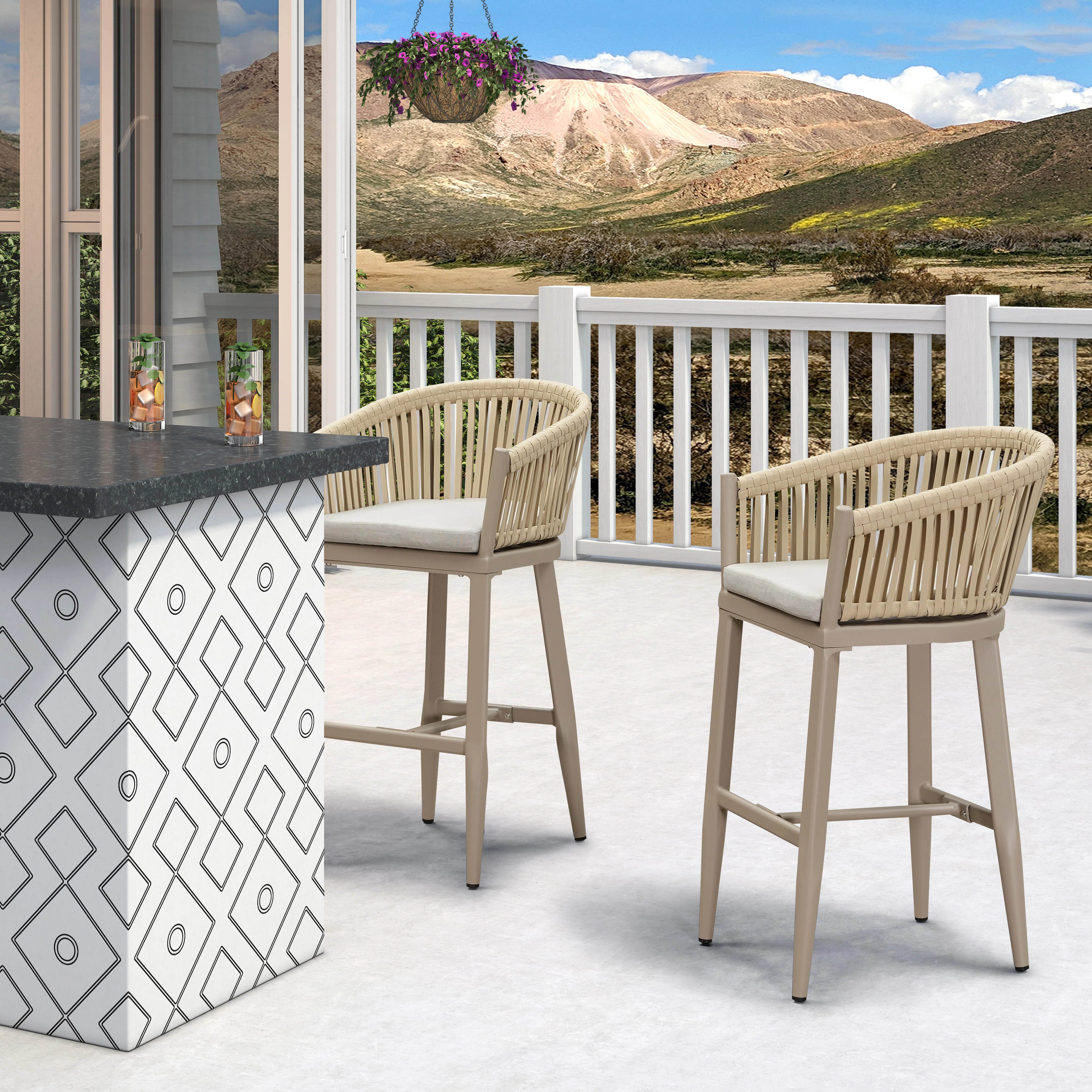 George Oliver Outdoor Counter Height Bar Stools Set Of 2 Wicker Rattan Counter Stools With High D... | Wayfair North America