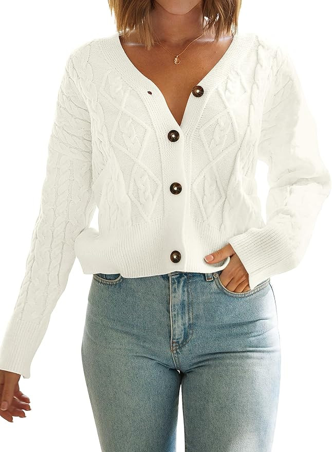 MEROKEETY Women's Long Sleeve Open Front Cable Knit Crop Cardigans V Neck Button Sweaters with Po... | Amazon (US)