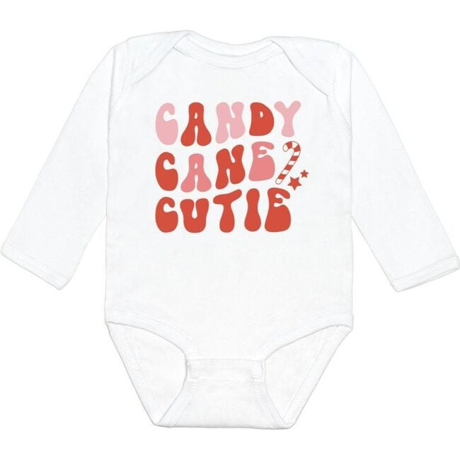 Candy Cane Cutie Christmas Long Sleeve Bodysuit, White | Maisonette