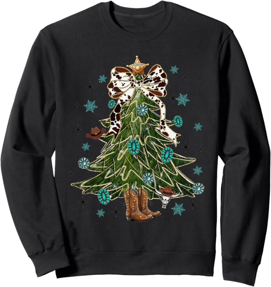 Howdy Christmas Coquette Bow Turquoise Christmas Tree Xmas Sweatshirt | Amazon (US)