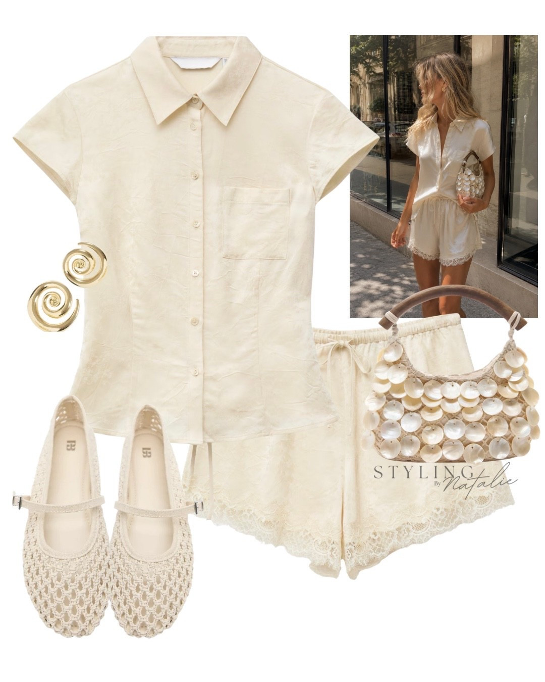 Weekend look- 🐚 Butter Yellow Co-ord set, beaded shell top handle bag, mesh ballet flats. 
Summer outfit. Spring look, casual chic, Mary Jane’s, satin shirt and matching satin lace shorts.

#LTKuk #LTKsummer #LTKeurope