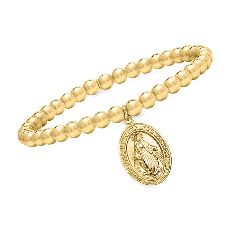 Italian 18kt Gold Over Sterling Miraculous Medal Bead Stretch Bracelet | Ross-Simons