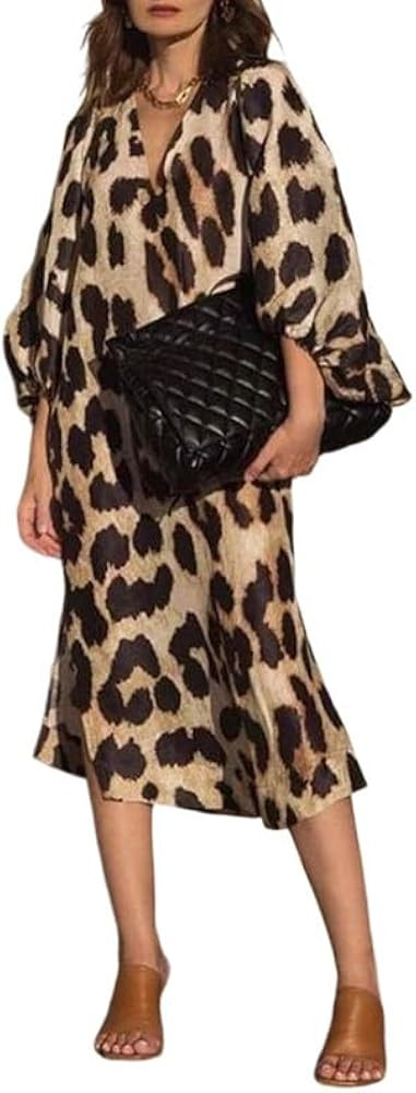 CHARTOU Women Leopard Print Flowy Midi Dress 3/4 Lantern Sleeve Summer Loose Tunic Shift Dress wi... | Amazon (US)