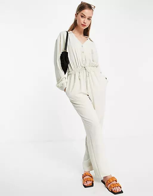 ASOS DESIGN woven drawstring sweatpants jumpsuit in beige | ASOS | ASOS (Global)