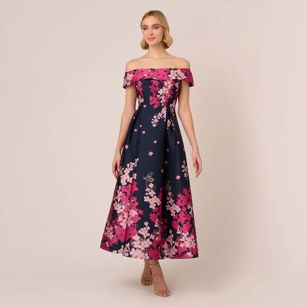Floral Jacquard Ankle Length Dress With Off The Shoulder Neckline In Navy Pink Multi | Adrianna Papell
