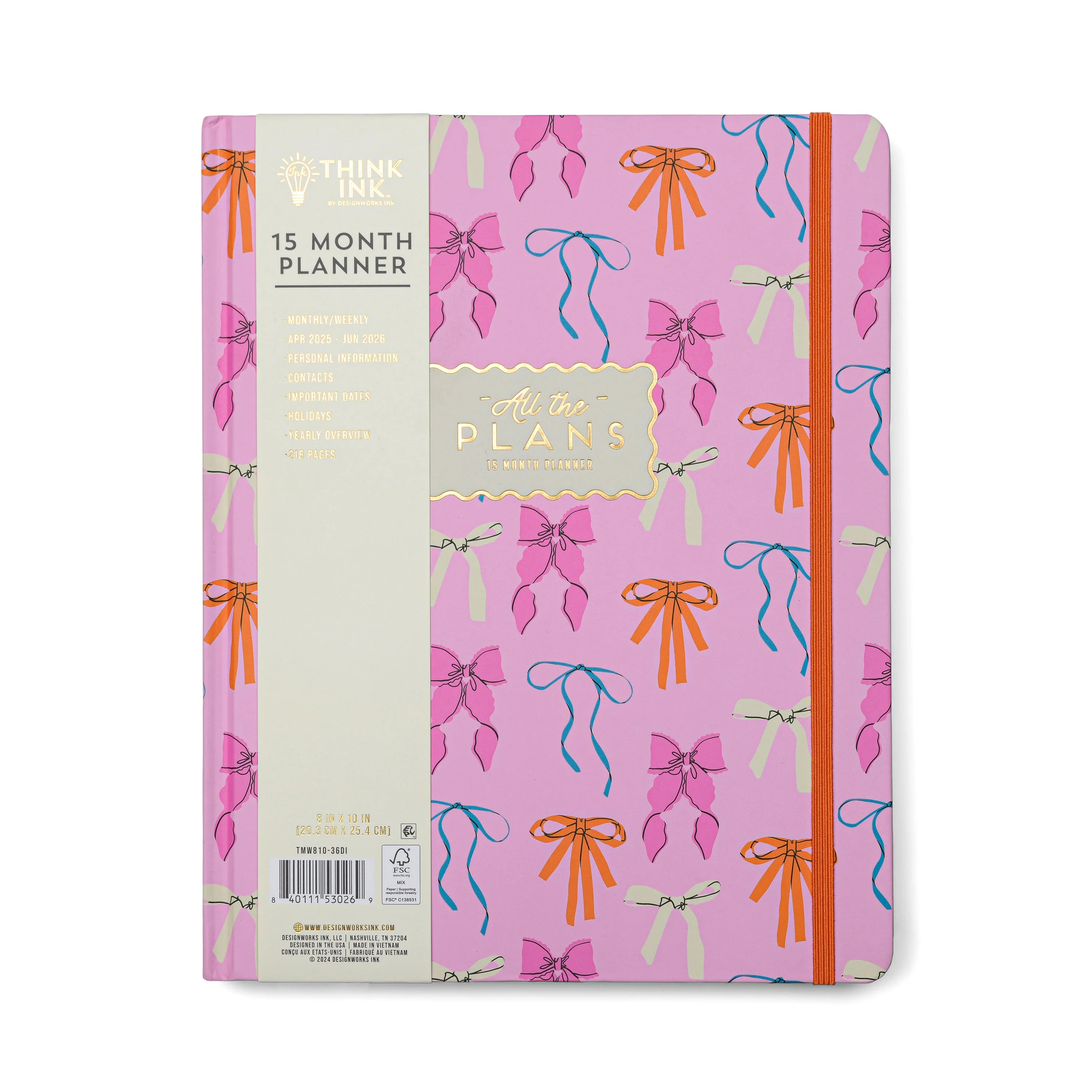 Think Ink Monthly Weekly Large (8" x 10") Pink Bows 15 Month Apr 2025 - Jun 2026 Hard Cover Plann... | Walmart (US)