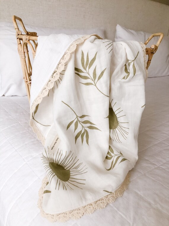 Double gauze Sage sun leaf blanket with white and lace trim baby blanket/ newborn blanket/ baby s... | Etsy (US)