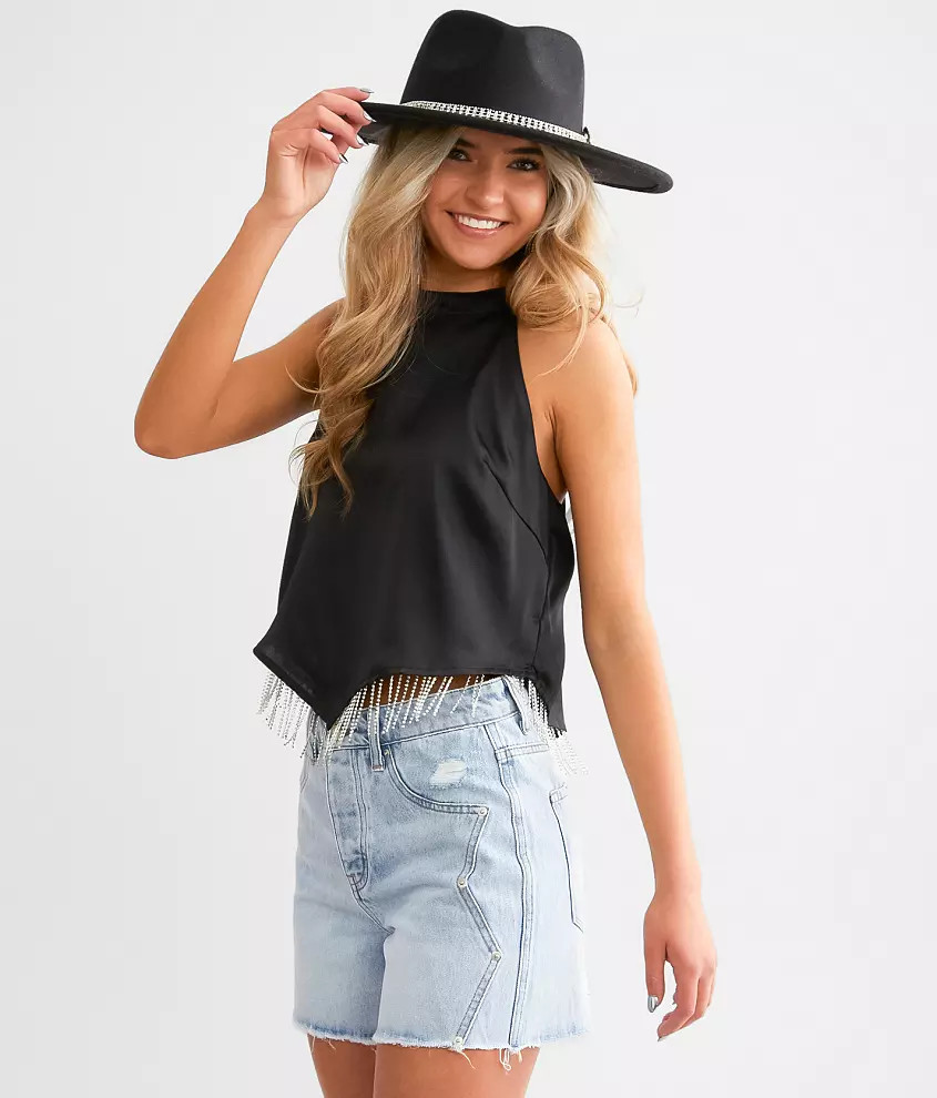 Blue B Rhinestone Fringe Satin Cropped Tank Top | Buckle