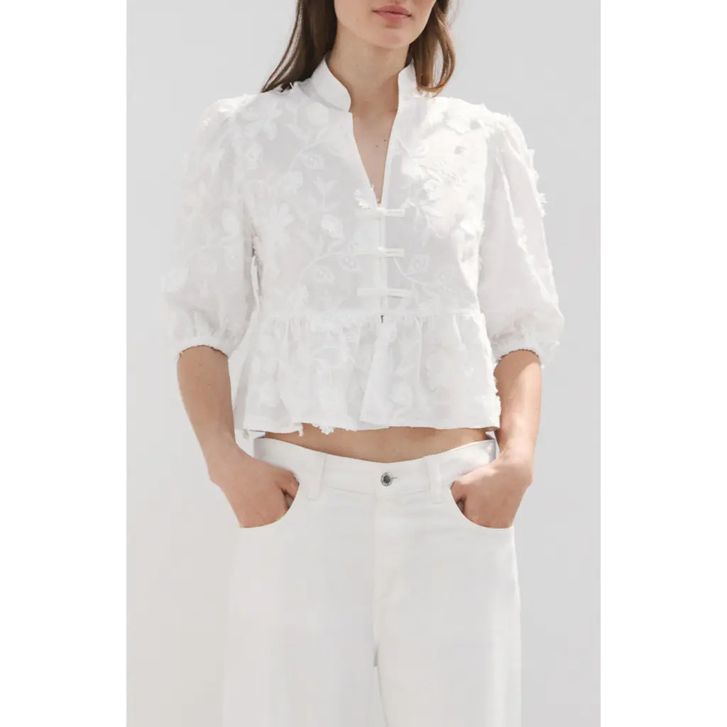 MANGO Floral Puff Sleeve Peplum Top in Off White at Nordstrom, Size 6 | Nordstrom