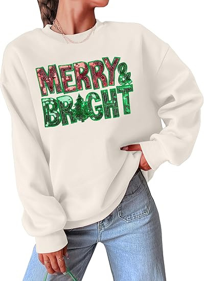 Christmas Sweatshirts for Women Merry and Bright Sweatshirt Sequin Merry Christmas Shirt Xmas Hol... | Amazon (US)