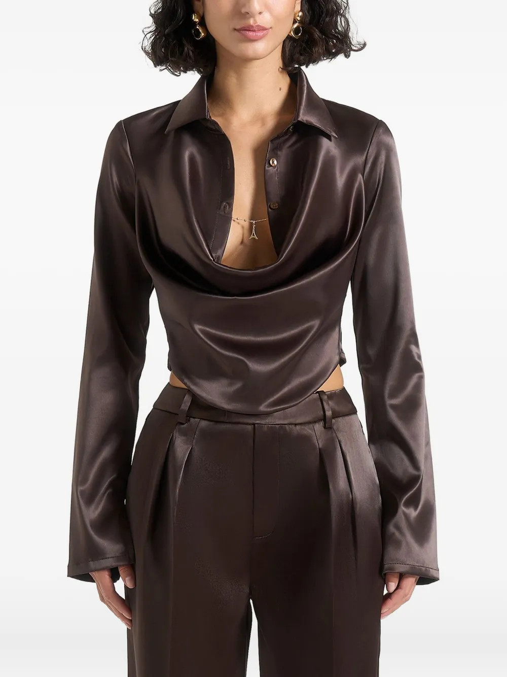 Manière De Voir Satia cowl-neck chain-detail Satin Shirt | Brown | FARFETCH | Farfetch Global