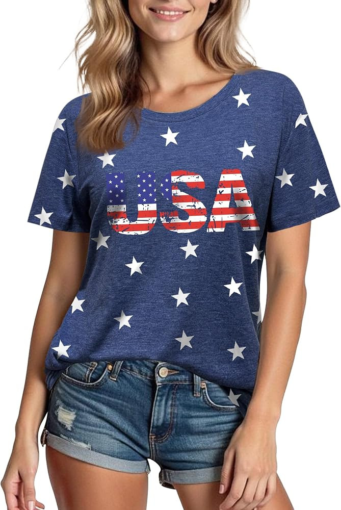 XLIEVO 4th of July Shirts Women:USA Star American Flag Crew Neck Short Sleeves Tee Patriotic T-Sh... | Amazon (US)