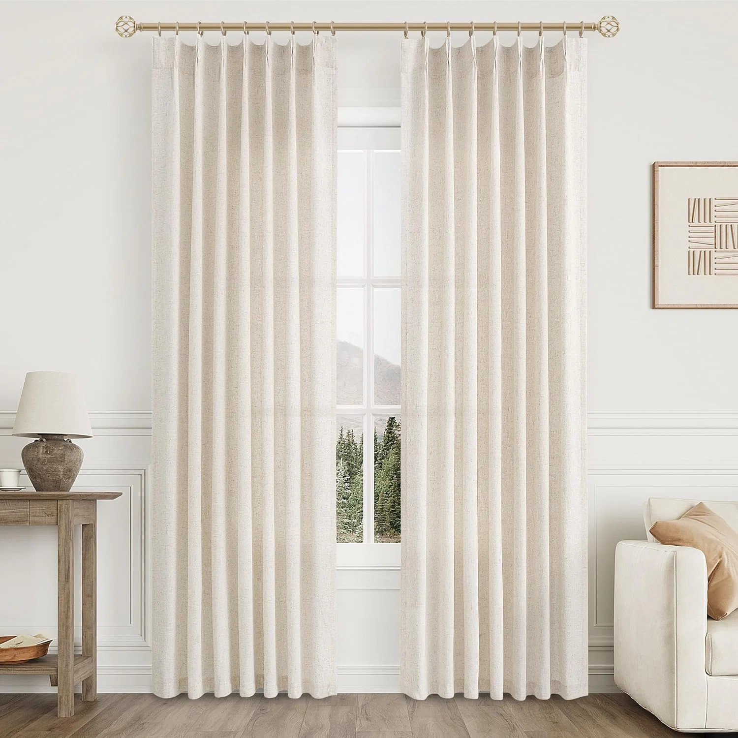 Natural Pinch Pleated Linen Curtains 84 Inch Length 2 Panels Cream Semi Sheer Window Curtain Boho... | Wayfair North America