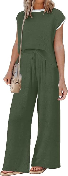 ETCYY Sets for Women Spring Outfits for Women 2024 Travel Wide Leg Pant Summer Two Piece Sets Lou... | Amazon (US)