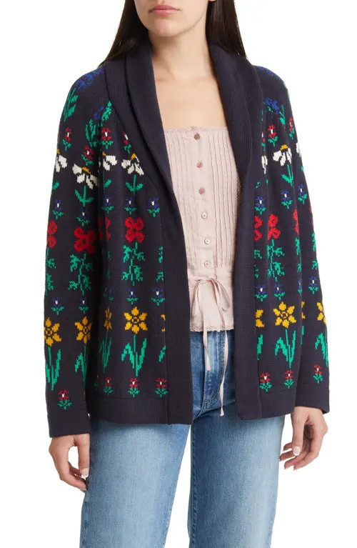 THE GREAT. The Garden Lodge Shawl Collar Open Sweater in Navy at Nordstrom, Size 1 | Nordstrom