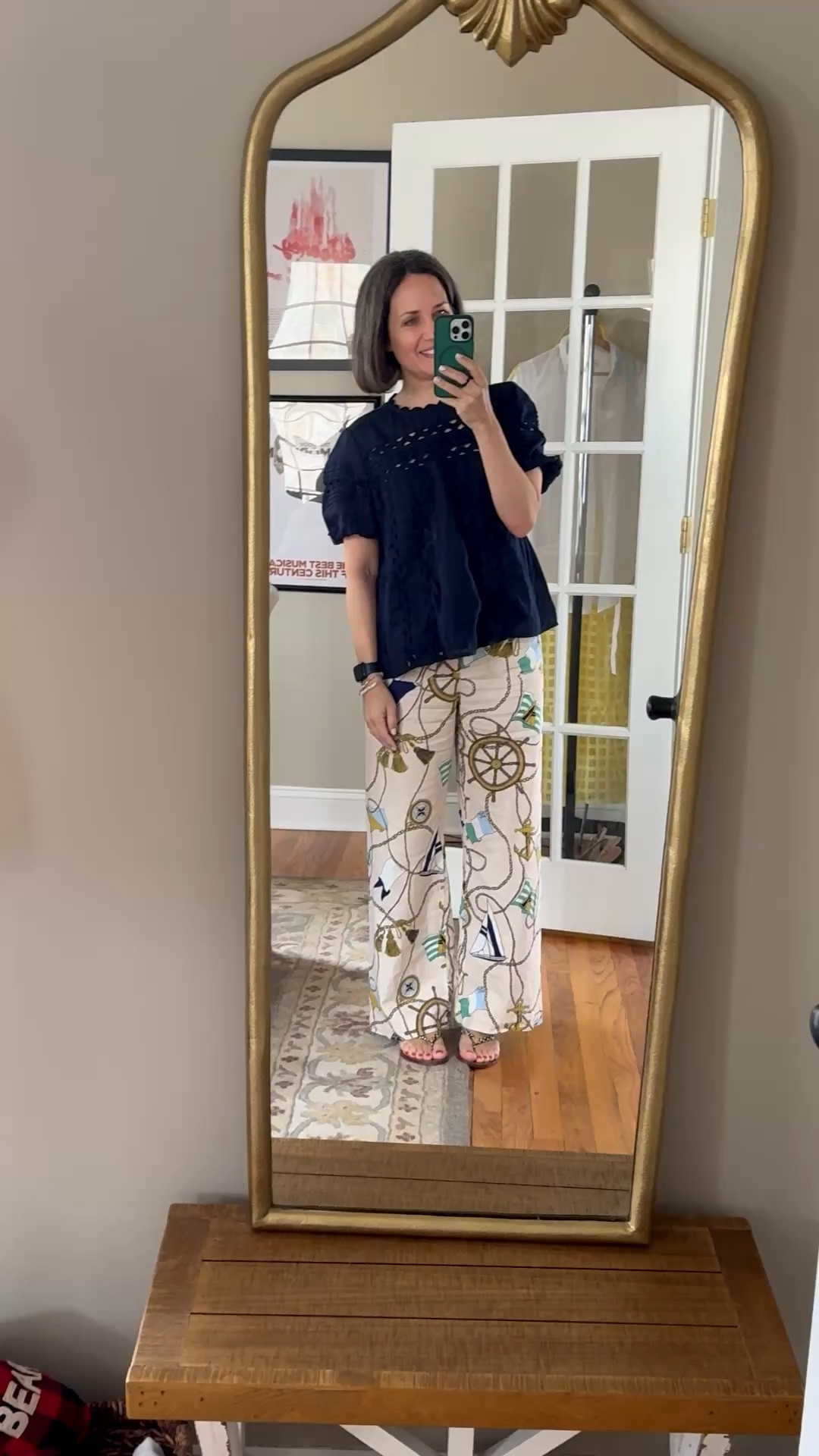 Navy lace blouse, printed linen pants and Tory Burch flip flops, fun outfit today 

#LTKPetite #LTKSeasonal #LTKOver40