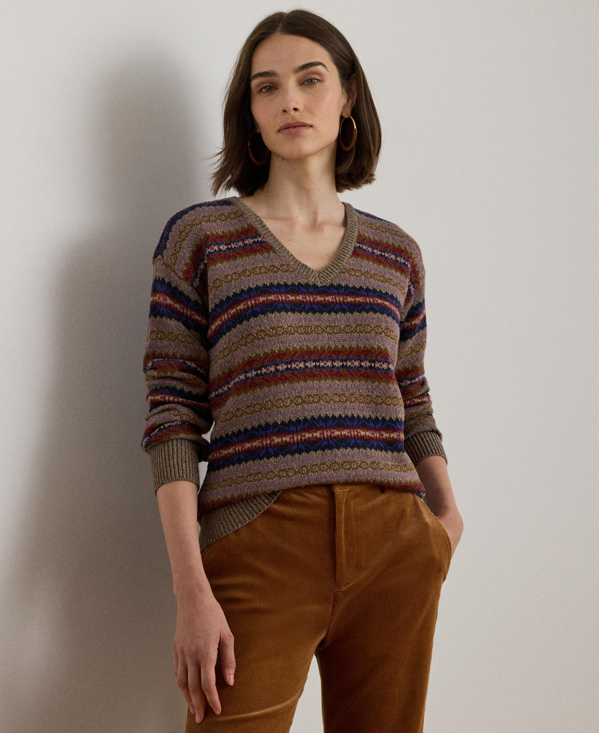 Lauren Ralph Lauren Women's Fair Isle V-Neck Sweater - Taupe Heather Multi | Macy's