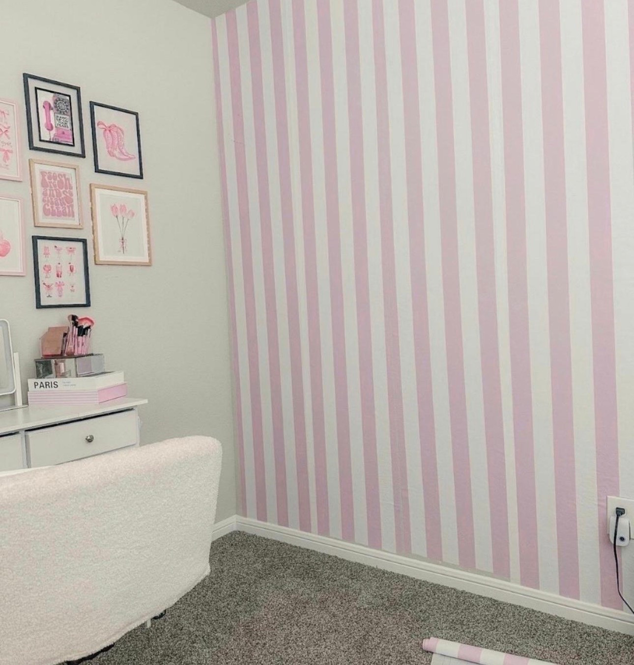 Slowly bringing my dream office/glam room to life! 💕 I finally added this pink and white striped peel-and-stick wallpaper, and it’s the perfect statement wall for a feminine workspace. If you’re looking for office/glam room decor, pink office inspiration, renter-friendly wallpaper, girly home office ideas, or an easy accent wall makeover, this is one of my favorite finds! 🎀

#LTKHome