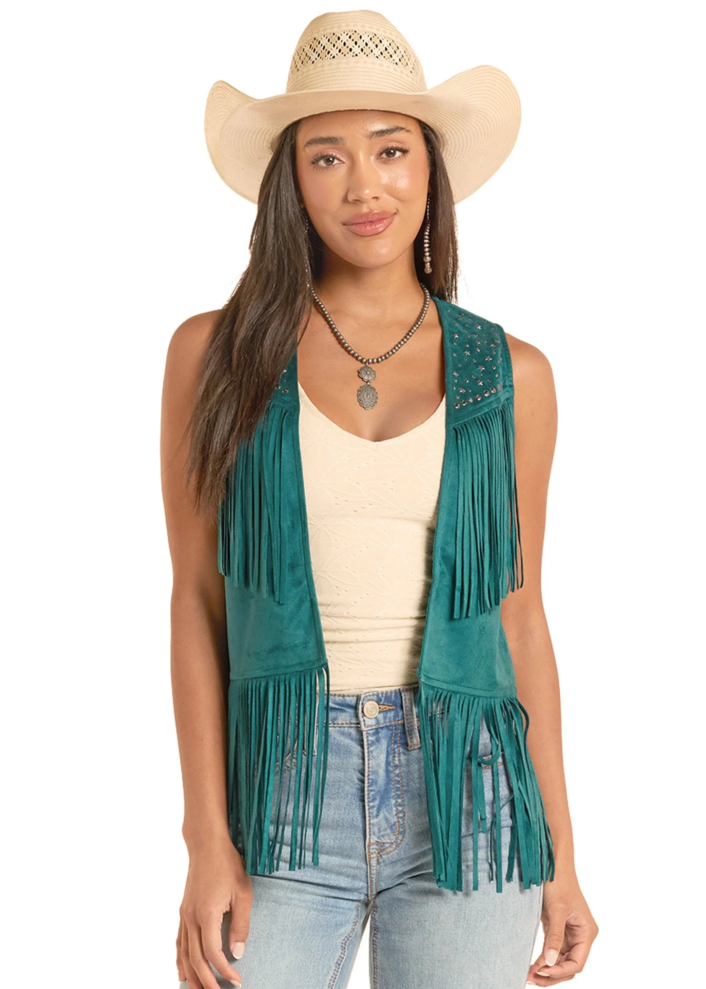 Women's Green Studded Microsuede Fringe Vest | Rock & Roll Denim