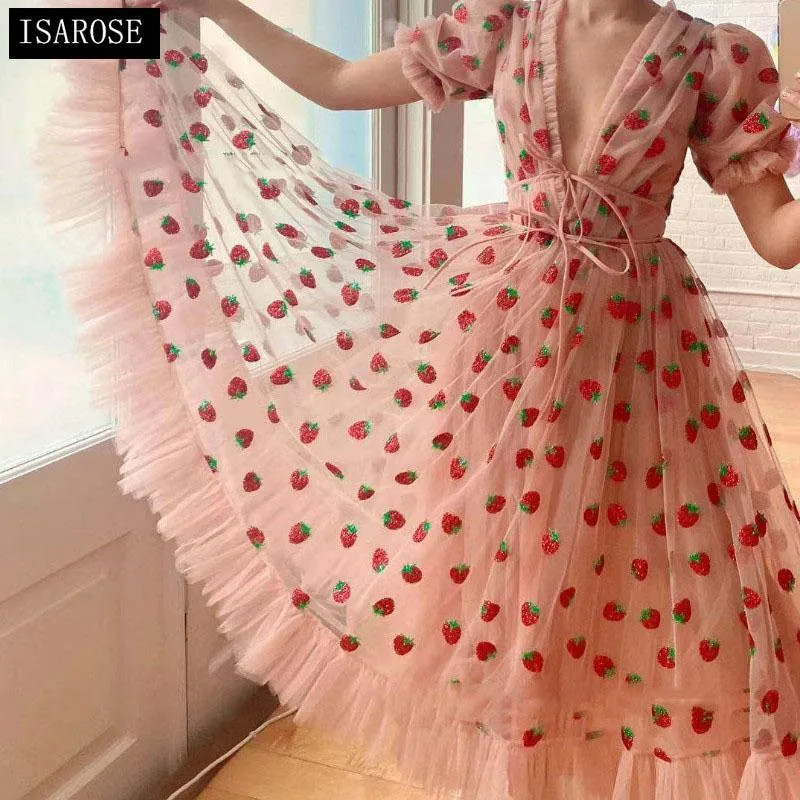 Casual Dresses ISAROSE 2022 Strawberry Dress Women Deep V Puff Sleeve Sweet Voile Mesh Sequins Em... | DHGate
