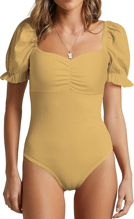 FIEAVRYL Bodysuit for Women Square Neck: Short Sleeve Body Suit Clothing Causal Ruffle Bodysuits ... | Amazon (US)