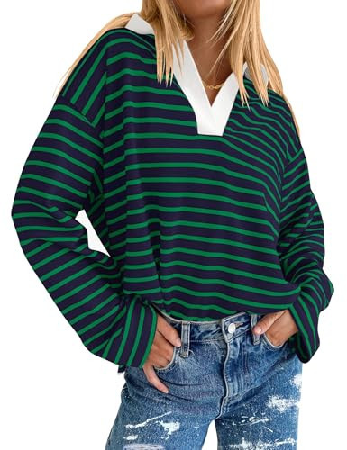AKEWEI V Neck Collared Shirt for Women Striped Long Sleeve Tops for Women Rugby Shirt(Navy Green Stripe,XXL) | Amazon (US)