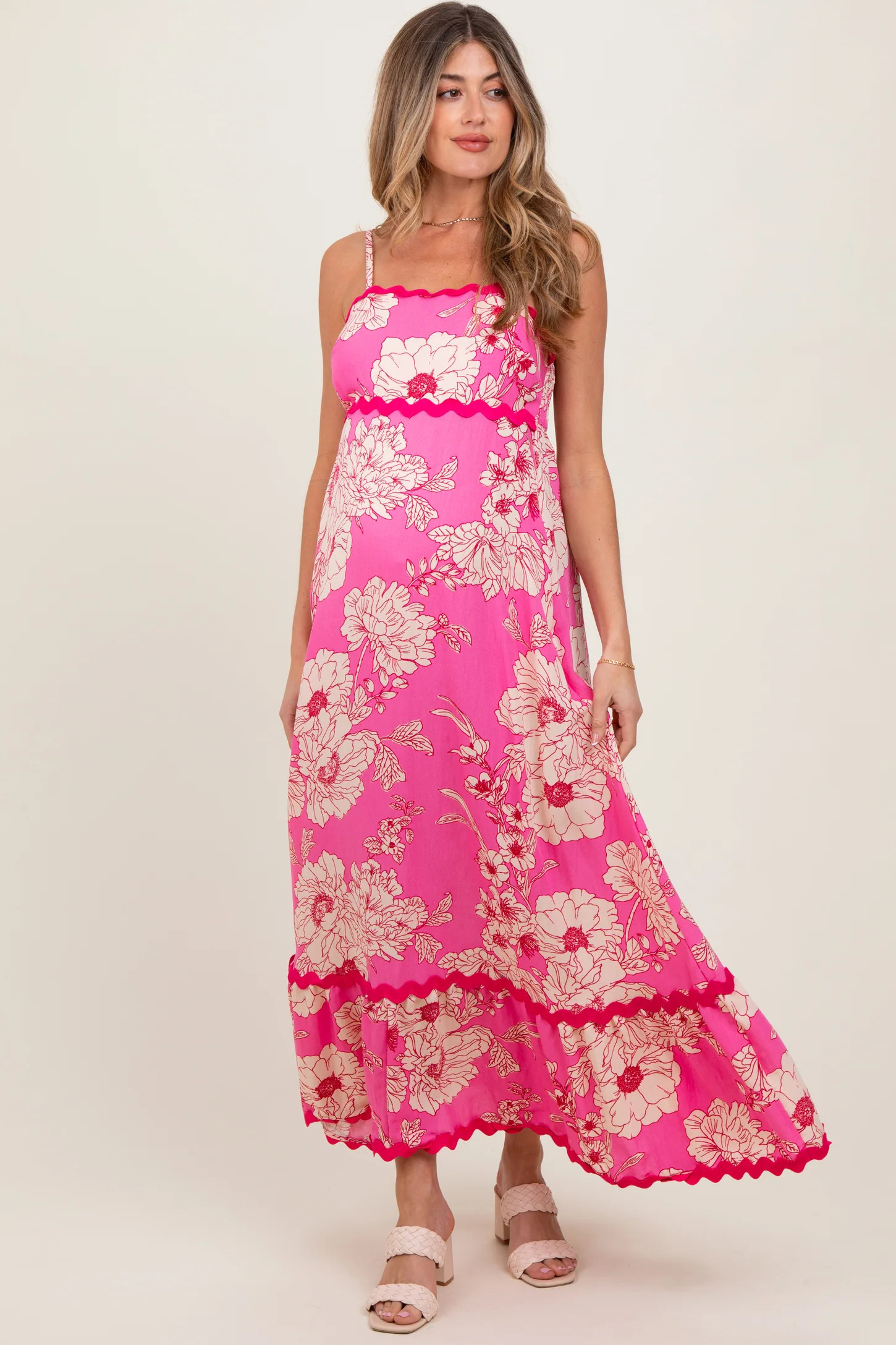 Fuchsia Floral Wavy Trim Maternity Maxi Dress | PinkBlush Maternity