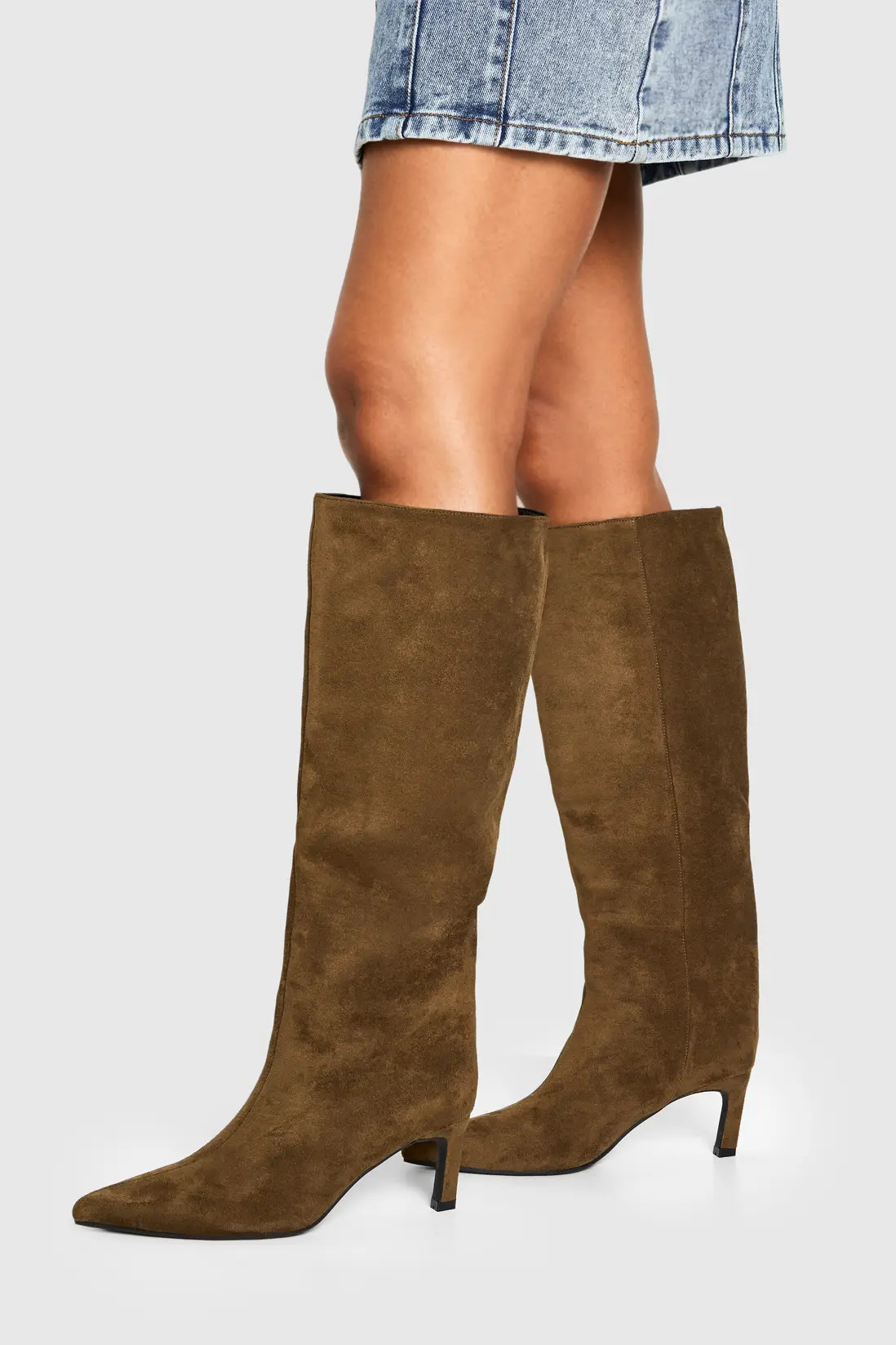 Faux Suede Column Pointed Knee High Heeled Boots | Boohoo.com (UK & IE)