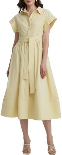 Womens Summer Shirt Dress Short Wing Sleeve Button Down Midi Shirts Dresses with Belt | Amazon (US)