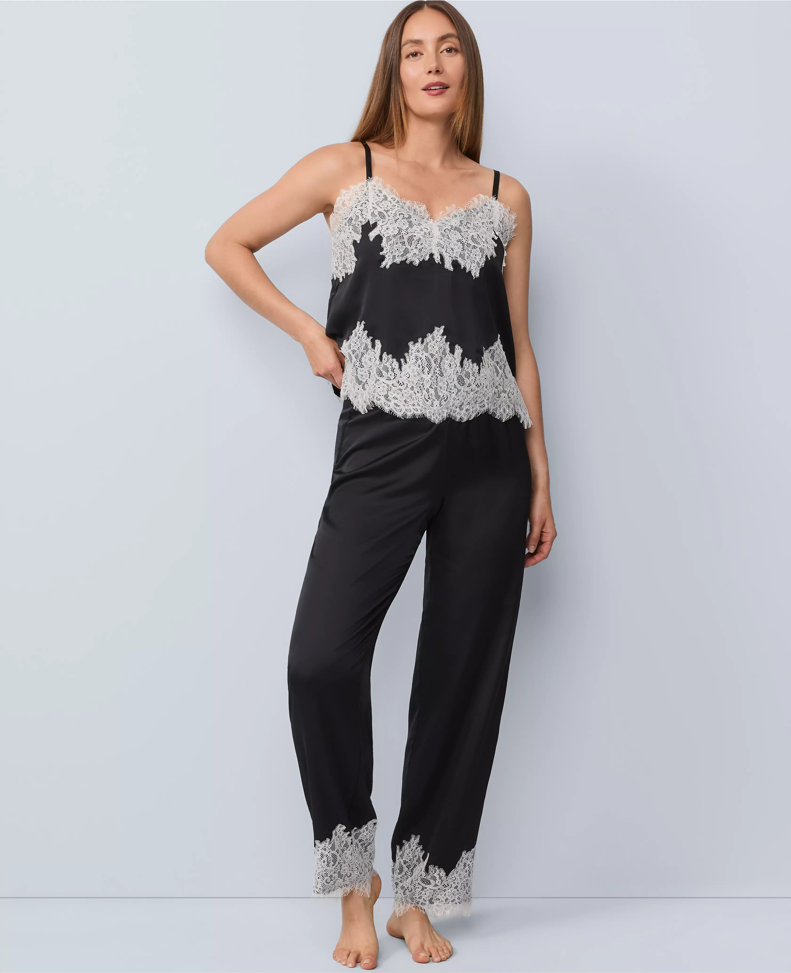 Lace Trim Satin Pajama Set | Ann Taylor