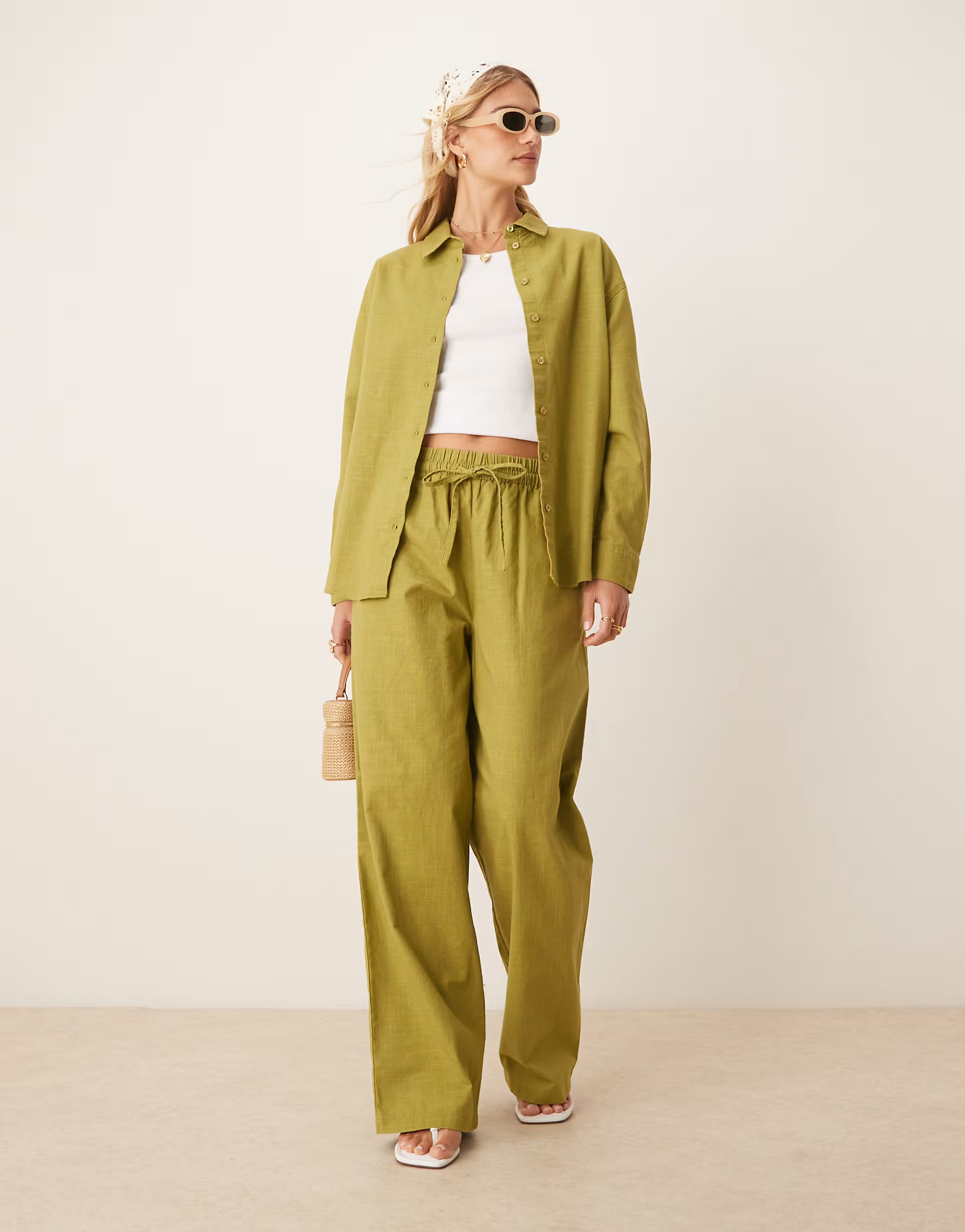 ASOS DESIGN linen look pull on pants in olive - part of a set | ASOS (Global)
